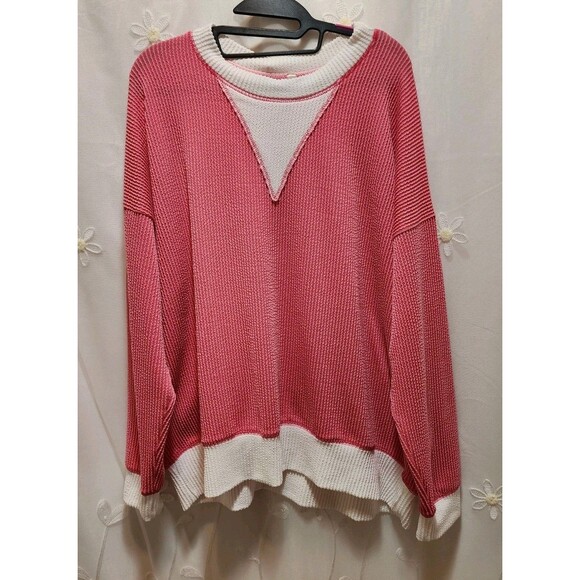 MAGIC FIT WOMEN S/M PINK WHITE SWEATER RIBBED KNIT OVERSIZED RELAXED COMFY LOOSE - Picture 1 of 13